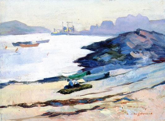 Sitting on the Beach, Monhegan Harbor, vintage artwork by Abraham J. Bogdanove, 12x8" (A4) Poster