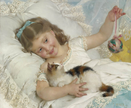 A girl playing with kitten, vintage artwork by Émile Munier, 12x8" (A4) Poster