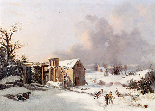 The Mill in Winter, vintage artwork by Thomas Birch, 12x8" (A4) Poster