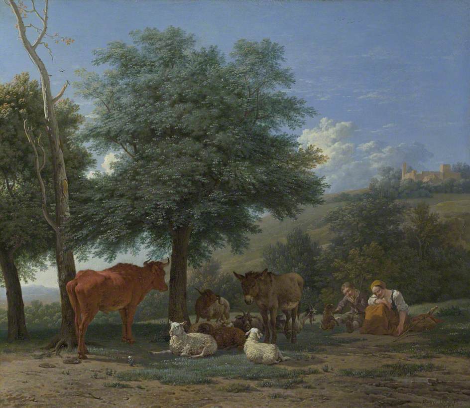 Farm Animals in the Shade of a Tree with a Boy and Sleeping Herdswoman, vintage artwork by Carel Dujardin, 12x8" (A4) Poster