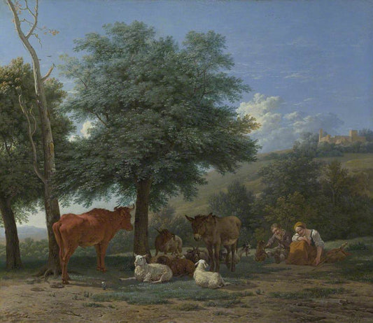 Farm Animals in the Shade of a Tree with a Boy and Sleeping Herdswoman, vintage artwork by Carel Dujardin, 12x8" (A4) Poster