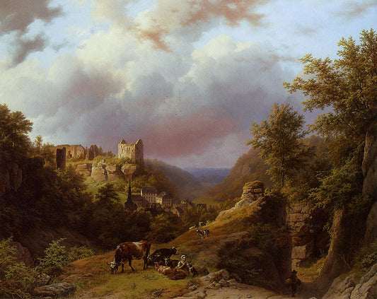 Countryfolk, Cattle and Goats on a Mountain Path with a Village Beyond, vintage artwork by Barend Cornelis Koekkoek, A3 (16x12") Poster Print