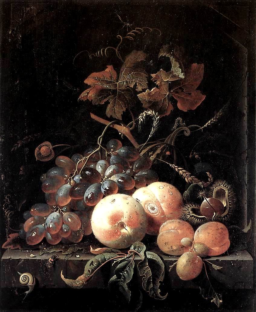 Still-Life with Fruits, vintage artwork by Abraham Mignon, 12x8" (A4) Poster