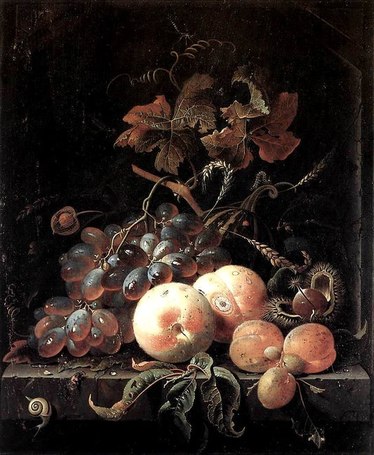 Still-Life with Fruits, vintage artwork by Abraham Mignon, 12x8" (A4) Poster