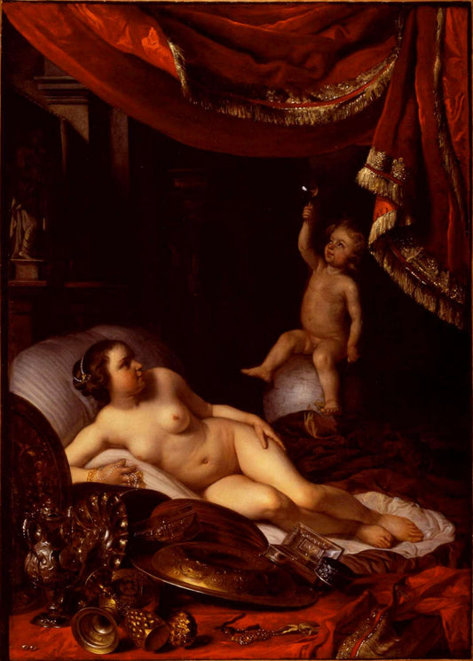 An Allegorical Vanitas with a Child Playing with a Bubble and Naked Woman, vintage artwork by Jacob Van Loo, 12x8" (A4) Poster