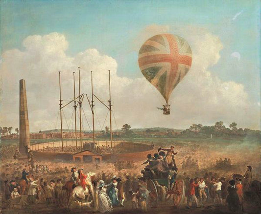 George Biggins rises in the Lunardis Balloon, vintage artwork by Julius Caesar Ibbetson, 12x8" (A4) Poster