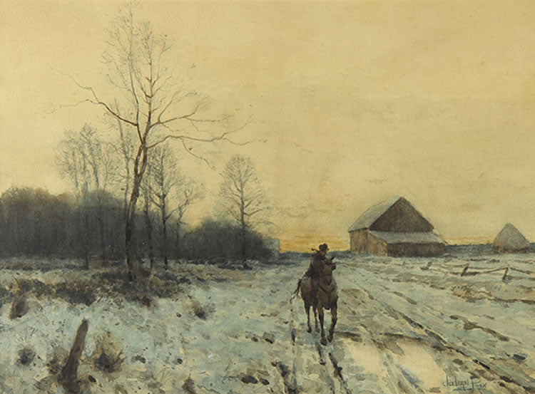 Horse and Figure on Snowy Road, vintage artwork by Julian Walbridge Rix, 12x8" (A4) Poster