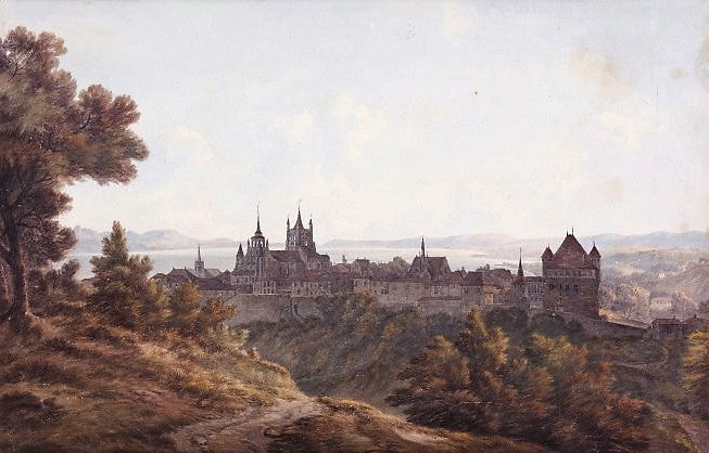 Lausanne and Lake Geneva, vintage artwork by John Warwick Smith, 12x8" (A4) Poster
