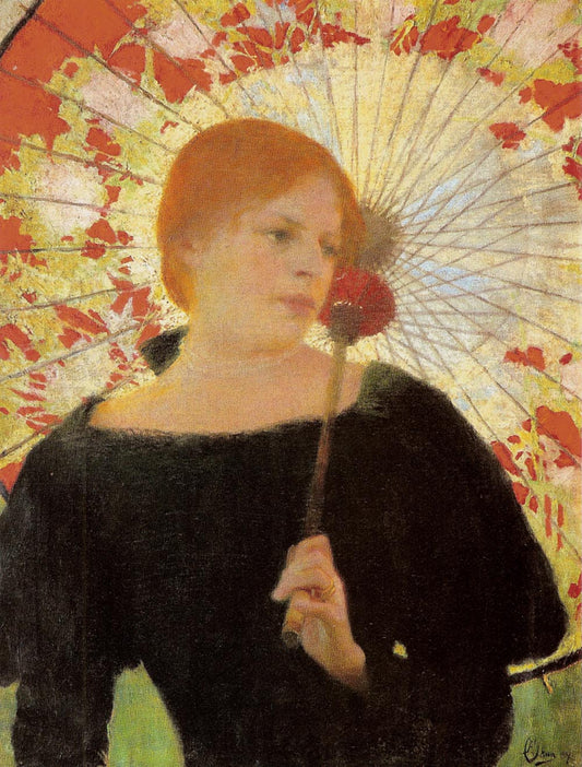 Portrait of the Artist's Wife with an Umbrella, vintage artwork by Edward Okuń, 12x8" (A4) Poster