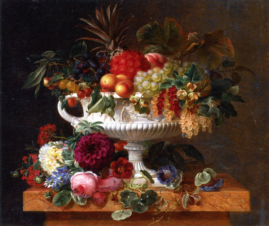 A Classical Urn with Gooseberries, Apricots, Currents, Cherries, Peaches and Pineapple ..., vintage artwork by Johan Laurentz (J.L.) Jensen, A3 (16x12") Poster Print