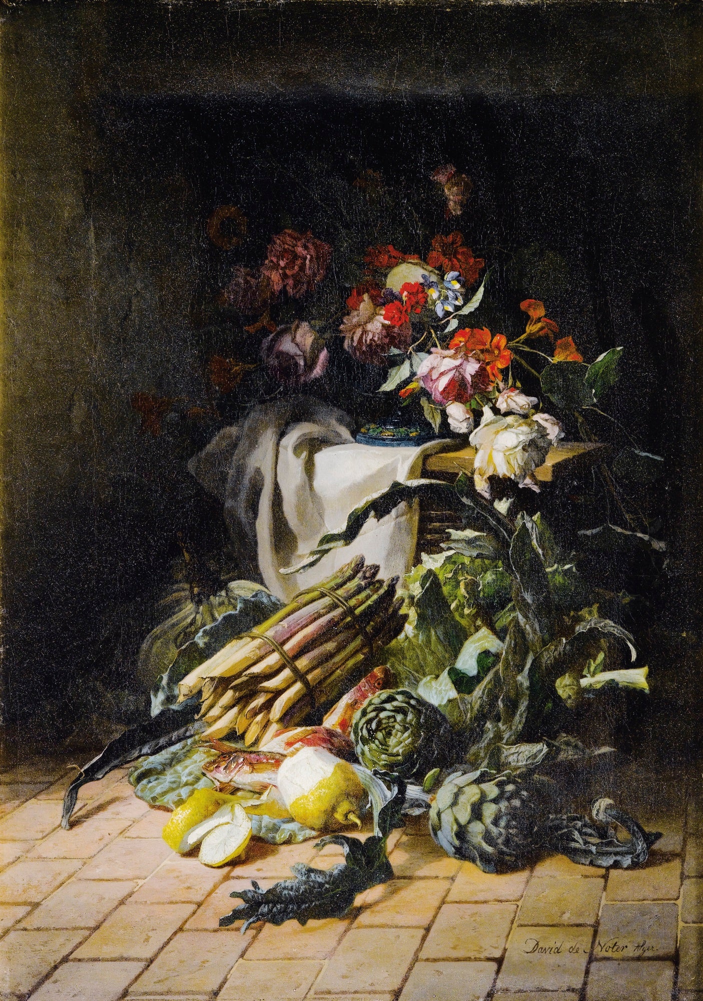 Still Life with Asparagus and Artichoke, vintage artwork by David de Noter, A3 (16x12") Poster Print