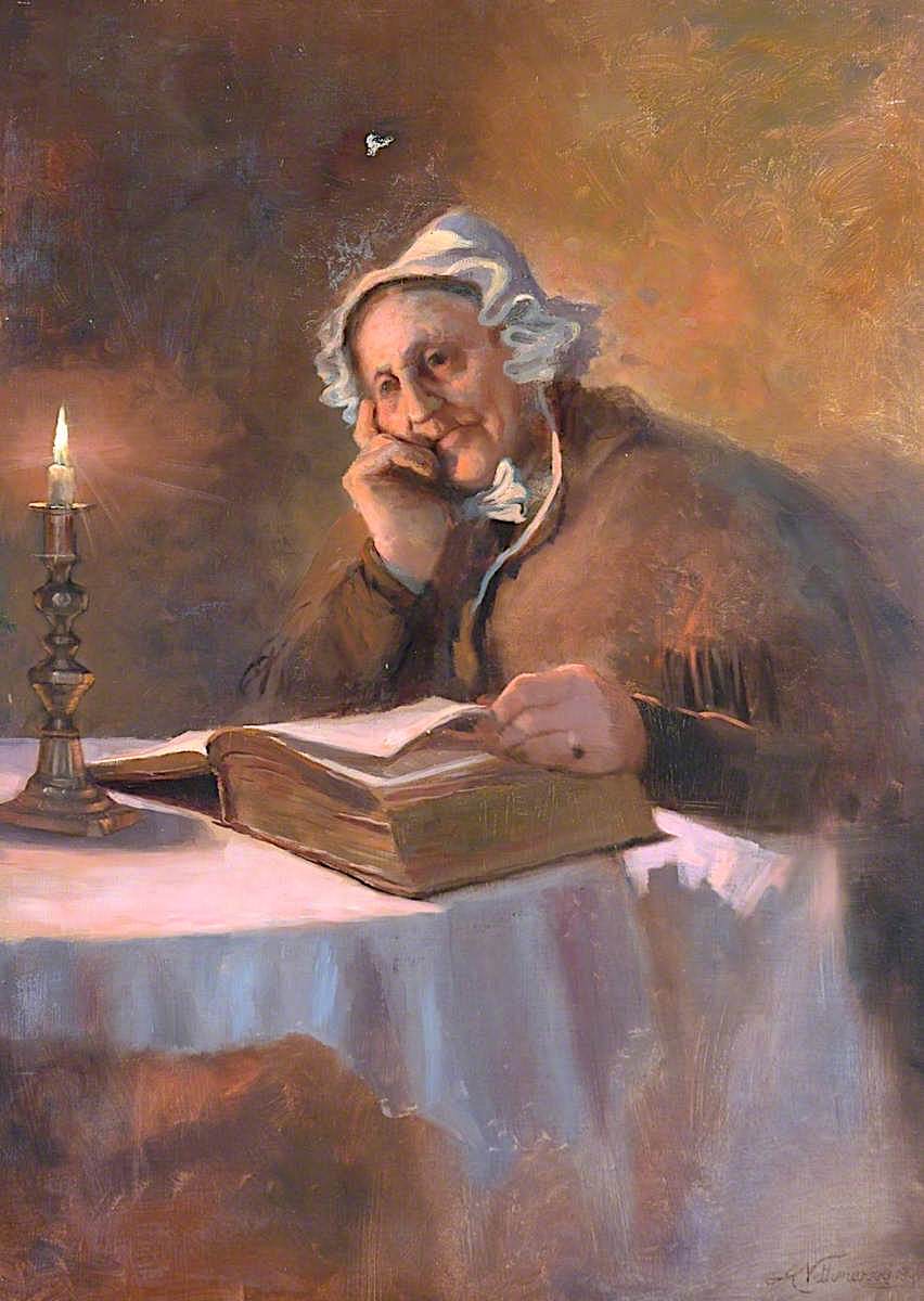 Portrait of an Old Woman Reading the Bible by  Candlelight, vintage artwork by Arthur Netherwood, 12x8" (A4) Poster