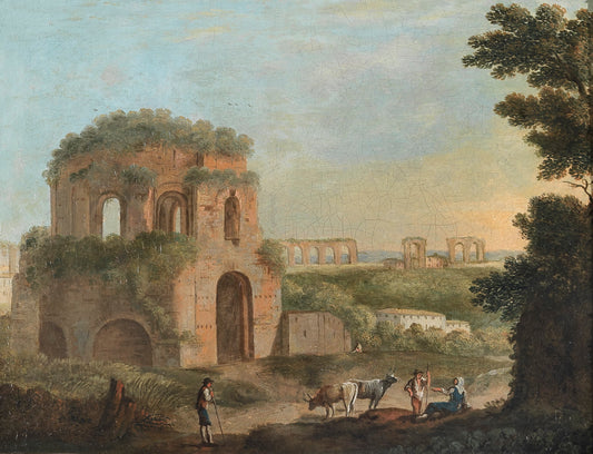 View of the Temple of Minerva Medica and an Aqueduct, vintage artwork by Paolo Anesi, 12x8" (A4) Poster
