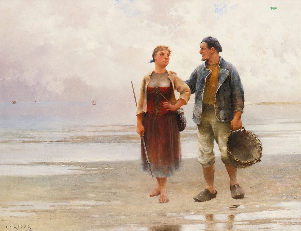 Reflections on the Beach, vintage artwork by August Wilhelm Nikolaus Hagborg, 12x8" (A4) Poster