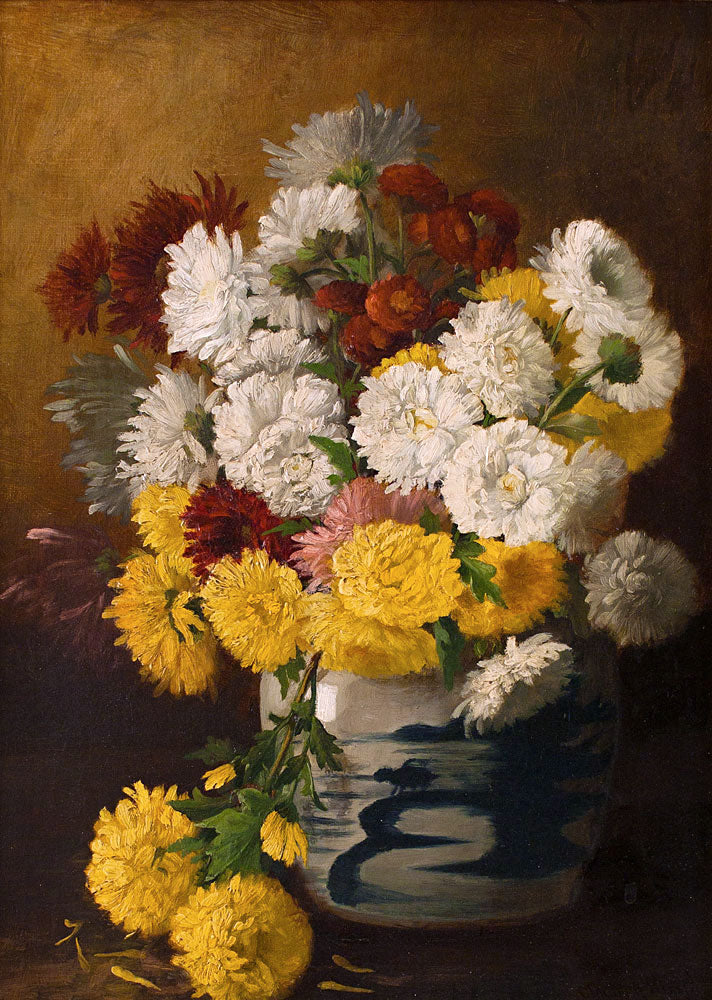 Chrysanthemums in a Canton Vase, vintage artwork by Claude Raguet Hirst, 12x8" (A4) Poster