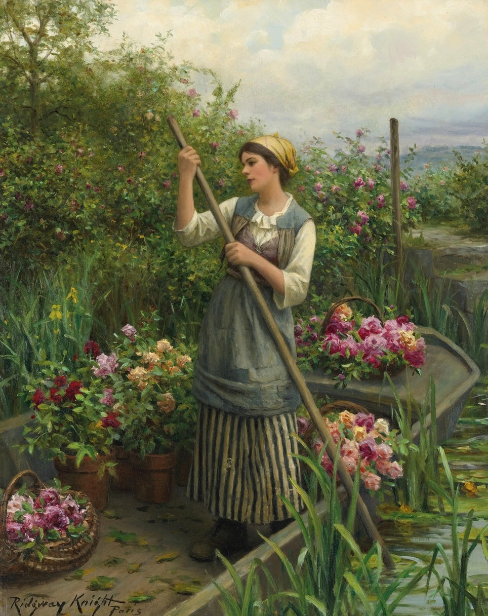 Gathering flowers along the river, vintage artwork by Daniel Ridgway Knight, 12x8" (A4) Poster