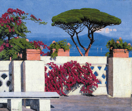 Naples Bay and Vesuvio View, vintage artwork by Edward Okuń, 12x8" (A4) Poster