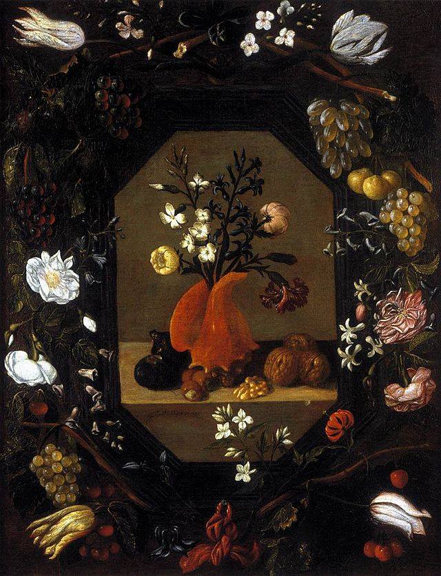 Still-Life with Flowers with a Garland of Fruit and Flowers, vintage artwork by Juan Bautista de Espinosa, 12x8" (A4) Poster