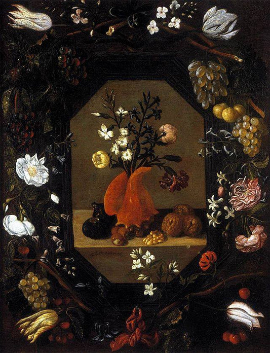 Still-Life with Flowers with a Garland of Fruit and Flowers, vintage artwork by Juan Bautista de Espinosa, 12x8" (A4) Poster