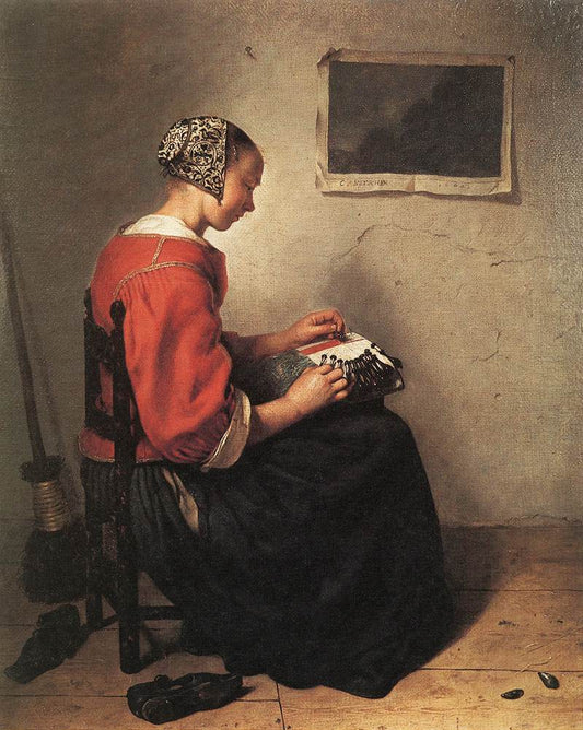 The Lace-Maker, vintage artwork by Caspar Netscher, 12x8" (A4) Poster