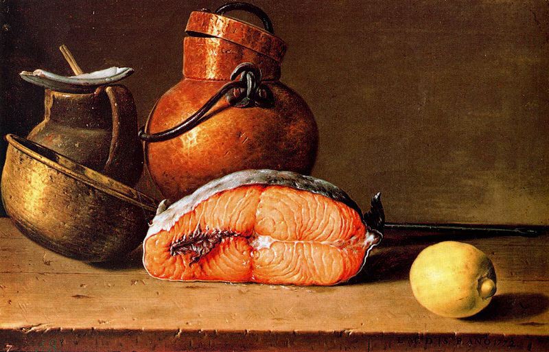 Still Life with Salmon, Lemon and Three Vessels, vintage artwork by Luis Melendez, 12x8" (A4) Poster