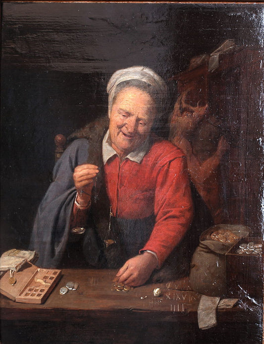 Woman weighting gold, vintage artwork by David Ryckaert III, 12x8" (A4) Poster