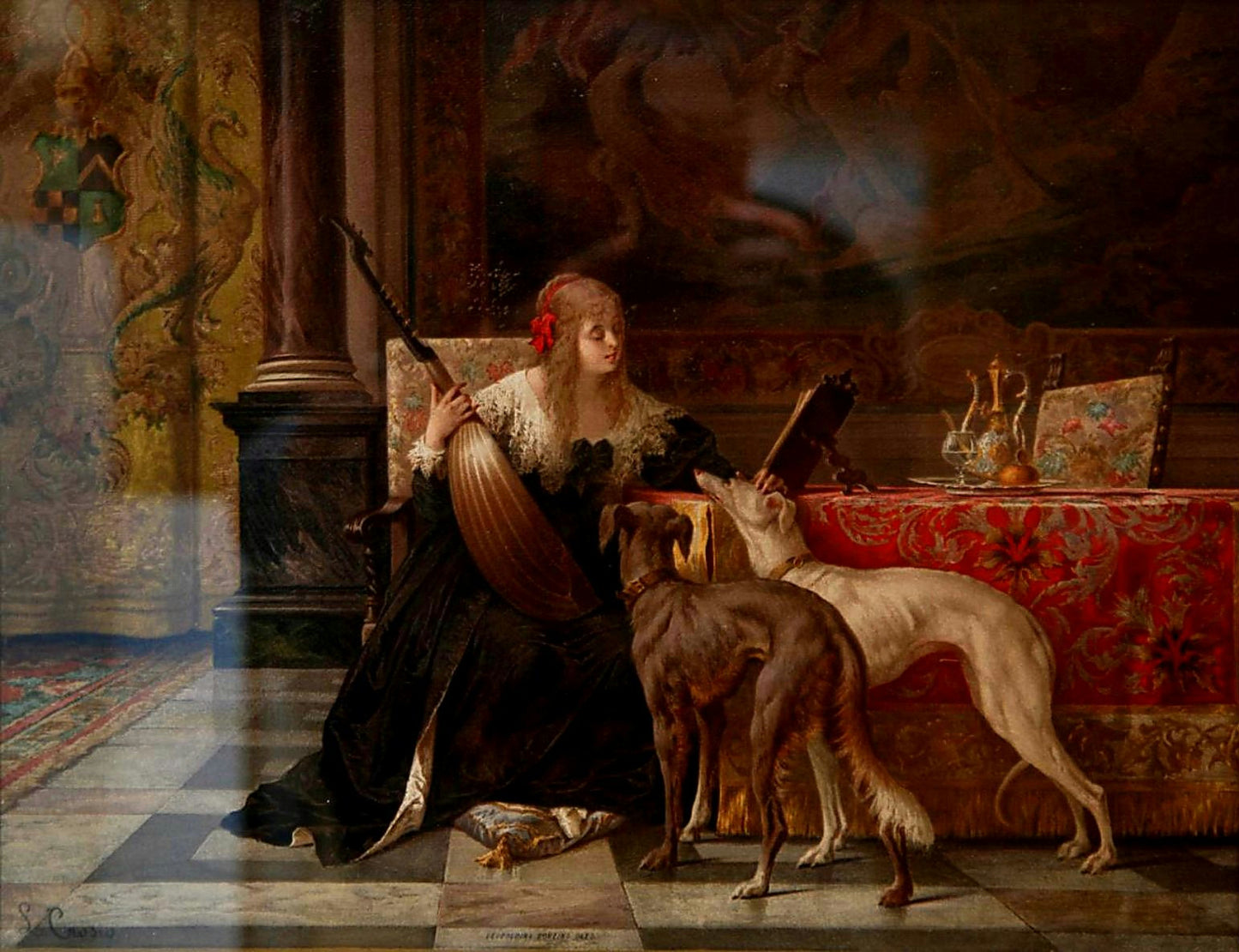 Leopoldina Borzino with two dogs and holding a lute, vintage artwork by Luigi Crosio, 12x8" (A4) Poster