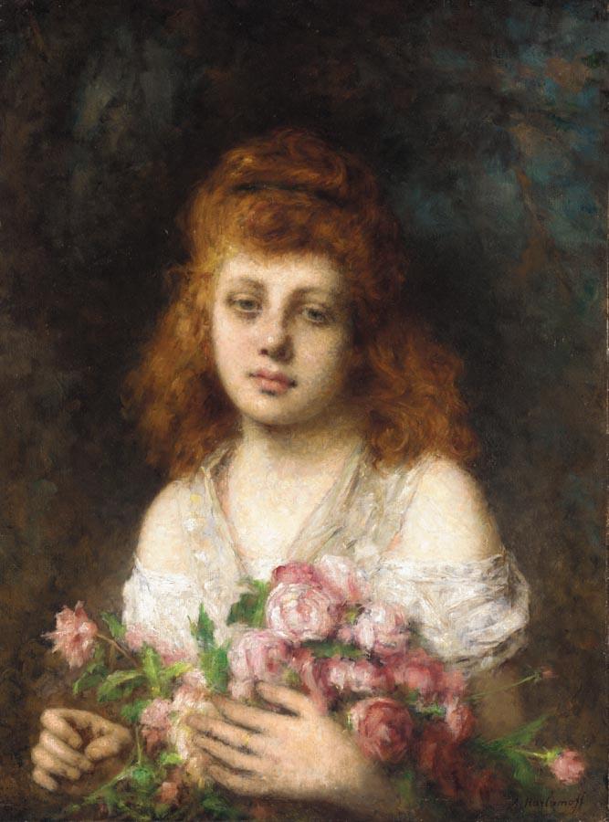 Auburn-haired Beauty with Bouquet of Roses, vintage artwork by Alexei Harlamoff, 12x8" (A4) Poster