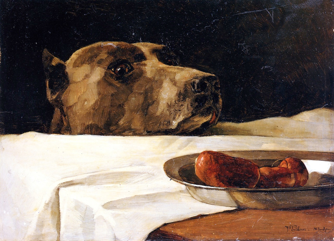Dog with Plate of Sausages, vintage artwork by Wilhelm Trübner, 12x8" (A4) Poster