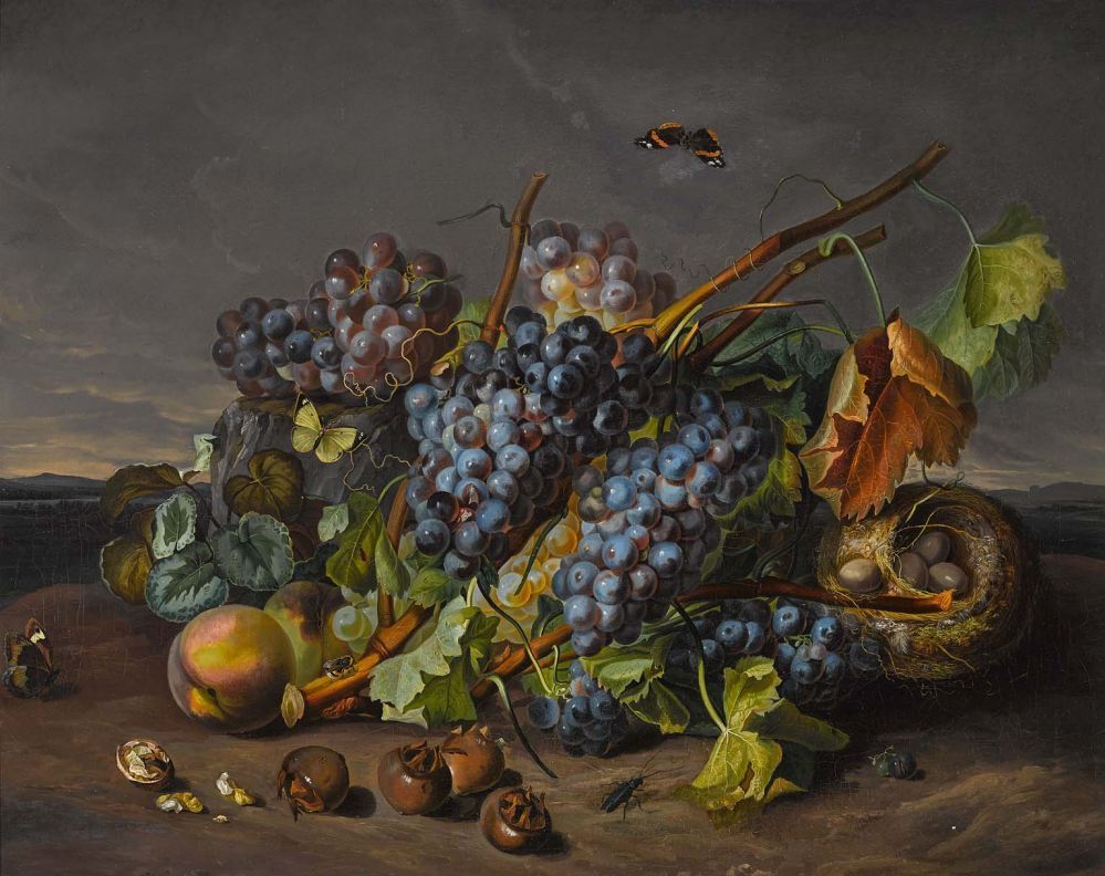 Fruit Still Life with Bird's Nest and Insects, vintage artwork by Sebastian Wegmayr, 12x8" (A4) Poster