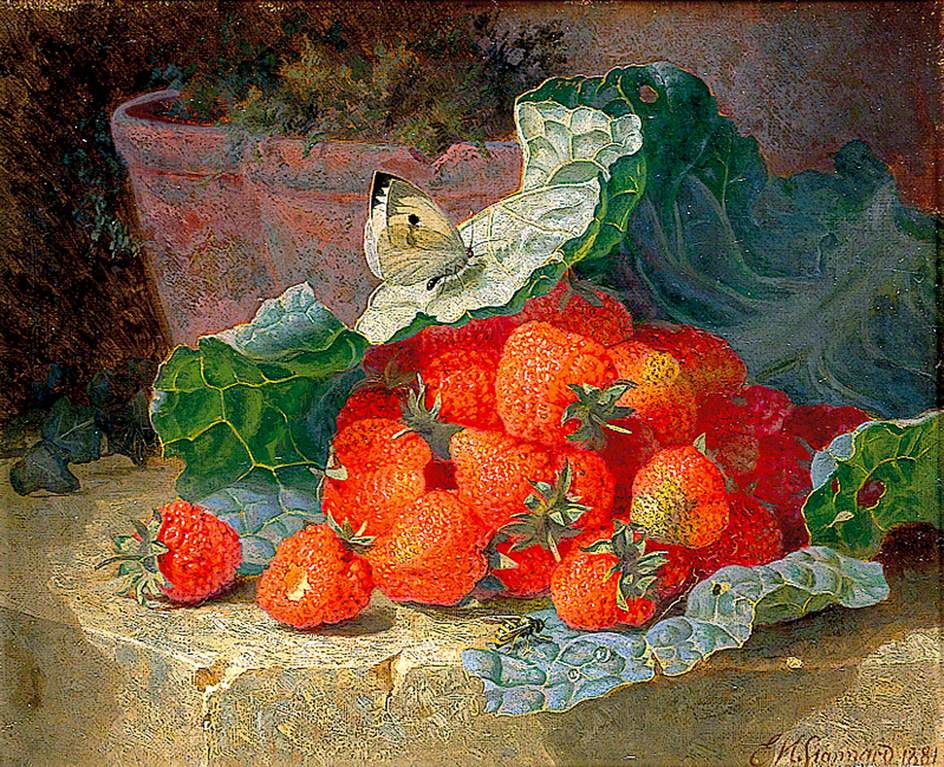 Strawberries in a Cabbage Leaf on a Table with a Flower Pot Behind, vintage artwork by Eloise Harriet Stannard, 12x8" (A4) Poster
