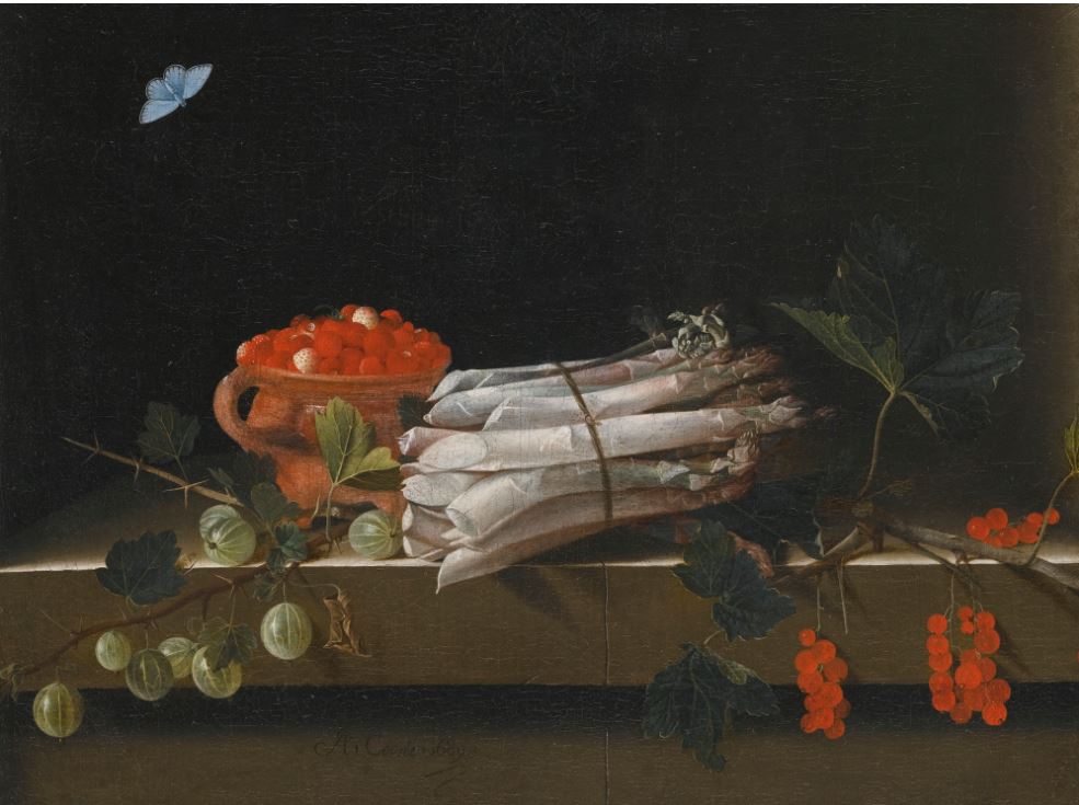 Still life of an earthenware bowl of strawberries, asparagus and sprigs of gooseberry and redcurrant, vintage artwork by Adriaen Coorte, 12x8" (A4) Poster
