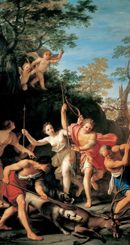 Story of Venus and Diana - Venus and Diana Hunting, vintage artwork by Marcantonio Franceschini, 12x8" (A4) Poster