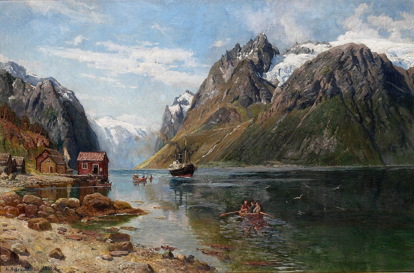 Steamer and Rowboats in a Fjord Landscape, vintage artwork by Anders Monsen Askevold, 12x8" (A4) Poster