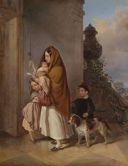 Mother with her children in need, vintage artwork by Elisabeth Modell, A3 (16x12") Poster Print