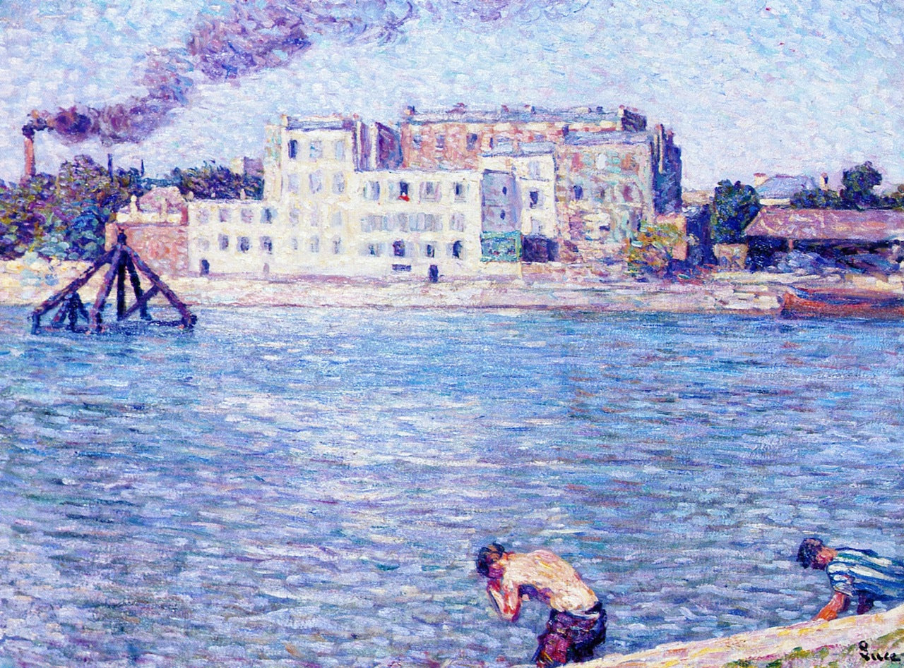Bathing on the Banks of the Marne, vintage artwork by Maximilien Luce, 12x8" (A4) Poster