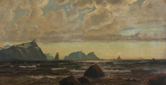 Coastal Landscape with Boats (Kystlandskap med båter), vintage artwork by Thorolf Holmboe, 12x8" (A4) Poster