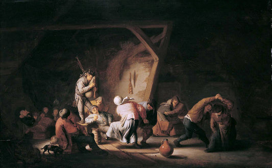 Dancing Peasants with a Bagpiper in an Interior, vintage artwork by Adriaen van Ostade, 12x8" (A4) Poster