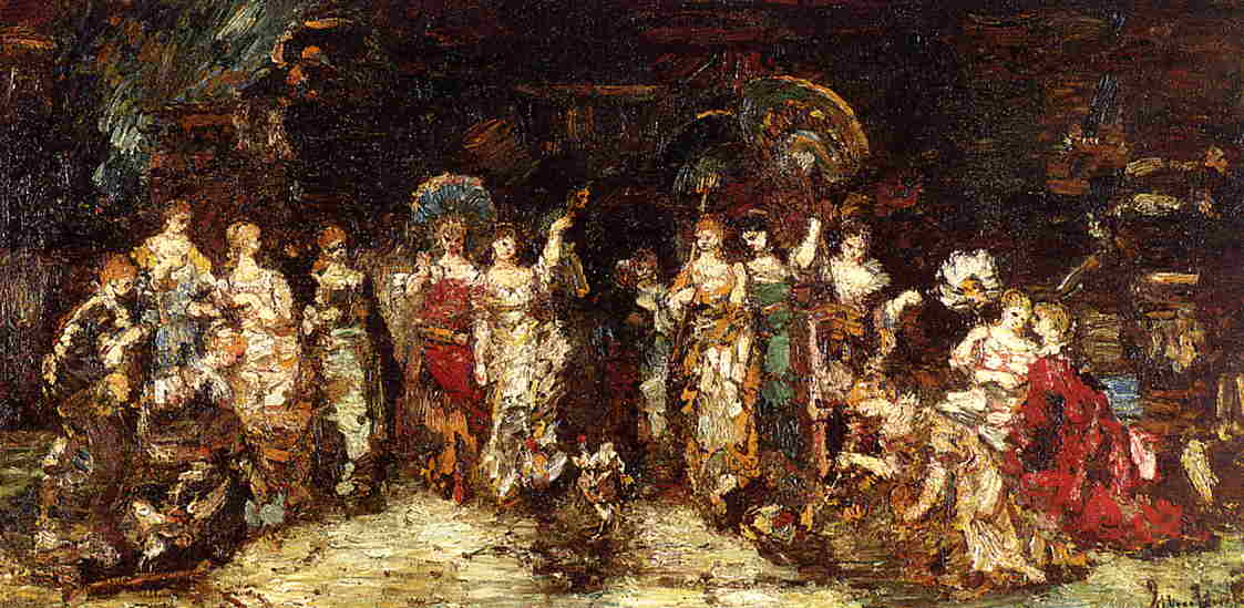 Cock Fight in Front of a Group of Young Women, vintage artwork by Adolphe-Joseph-Thomas Monticelli, 12x8" (A4) Poster