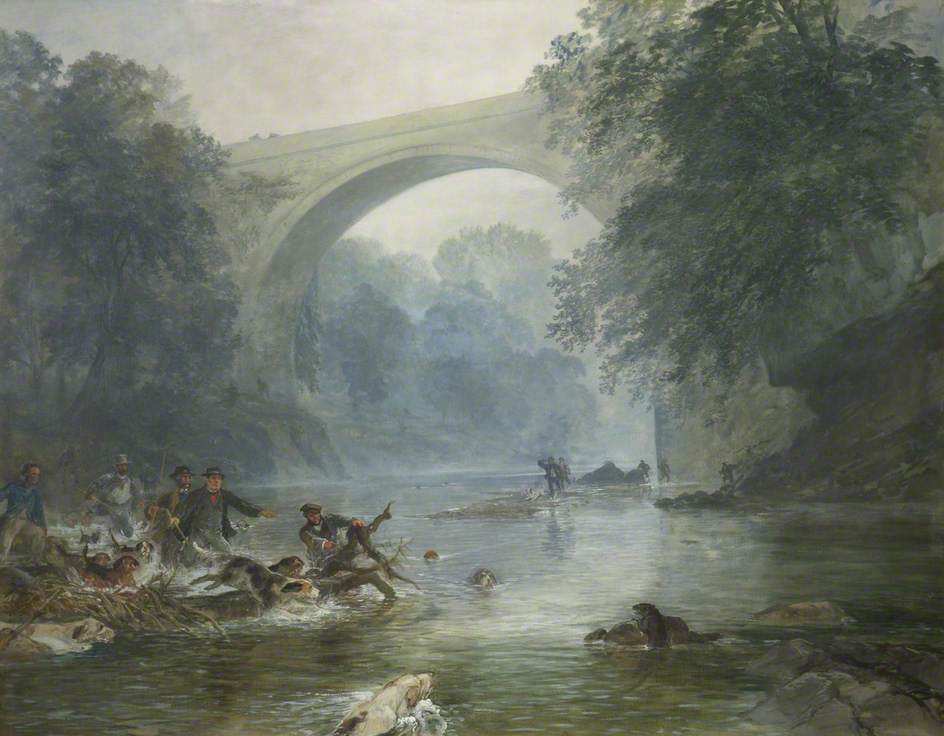 An Otter Hunt in Canonbie, vintage artwork by Samuel Bough, 12x8" (A4) Poster