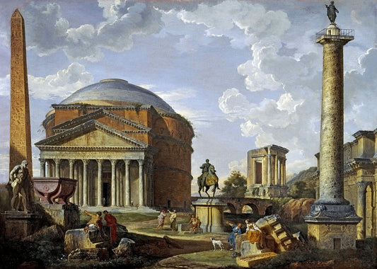Fantasy View with the Pantheon and other Monuments of Ancient Rome, vintage artwork by Giovanni Paolo Panini, 12x8" (A4) Poster