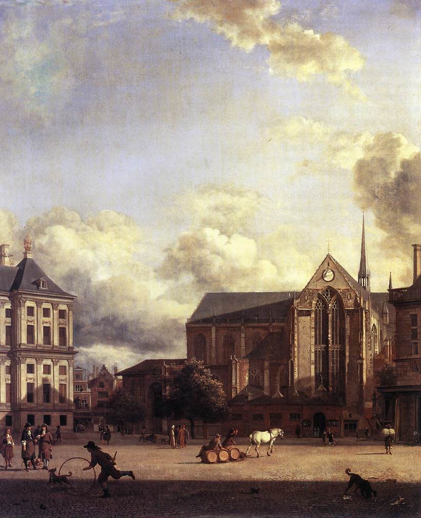 Dam Square, Amsterdam, vintage artwork by Jan van der Heyden, 12x8" (A4) Poster