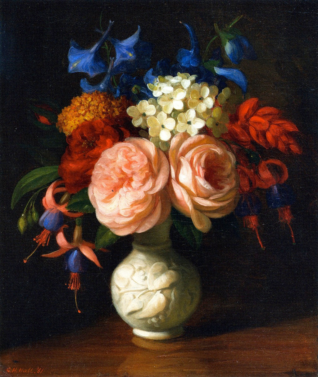 Still LIfe with Flowers: Red Roses, vintage artwork by George Henry Hall, 12x8" (A4) Poster
