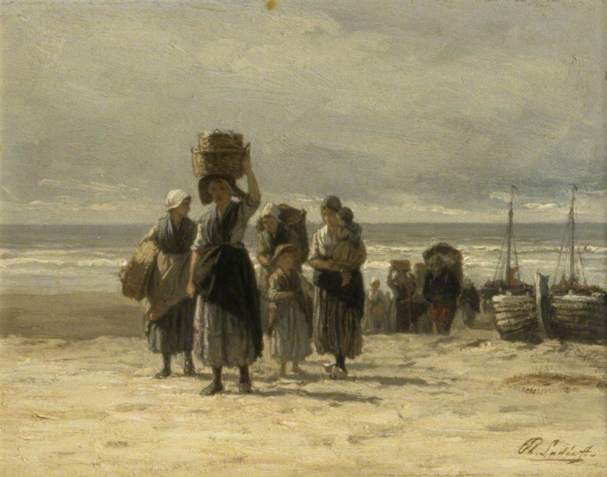 Arrival of the Fishing Smacks, vintage artwork by Philip Lodewijk Jacob Frederik Sadee, 12x8" (A4) Poster
