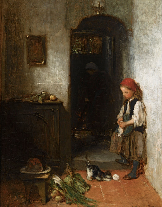A Girl with a Playing Kitten, vintage artwork by Jacob Maris, 12x8" (A4) Poster