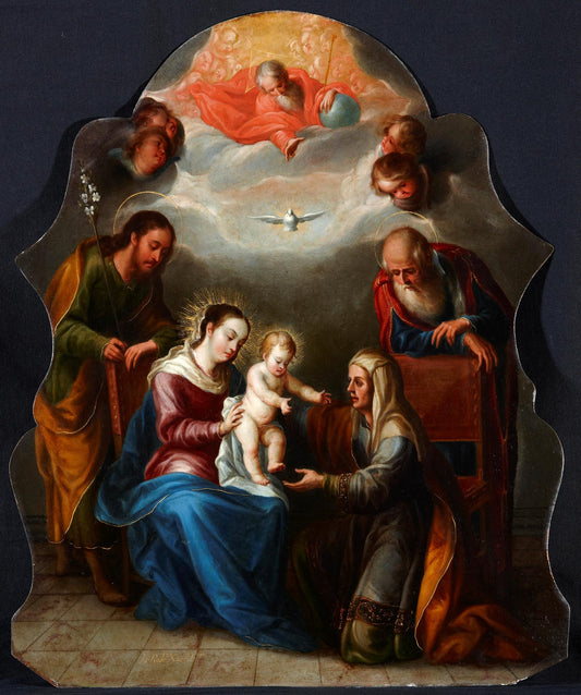 The Holy Family with St. Joachim and St. Anne, vintage artwork by Juan Rodriguez Juarez, 12x8" (A4) Poster