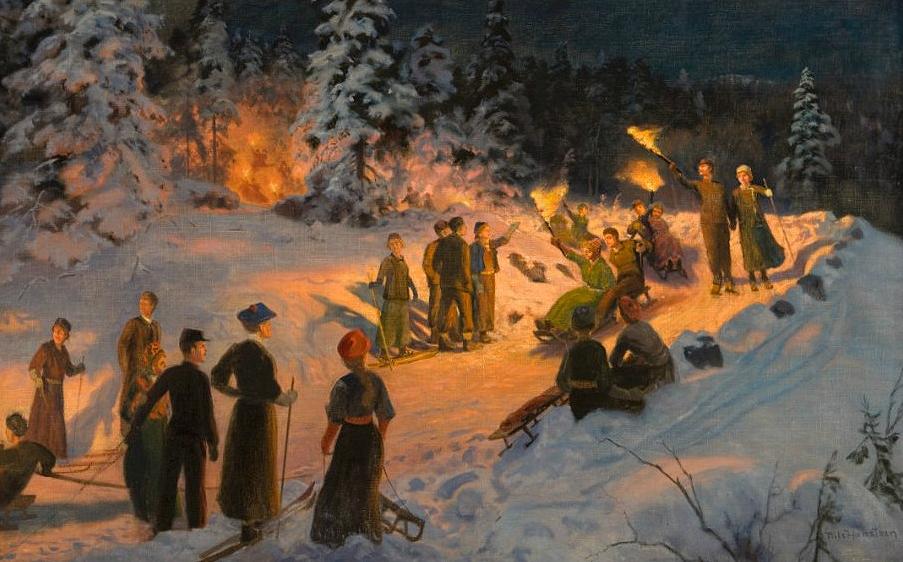 Sledding in Korketrekkeren, vintage artwork by Nils Hansteen, 12x8" (A4) Poster