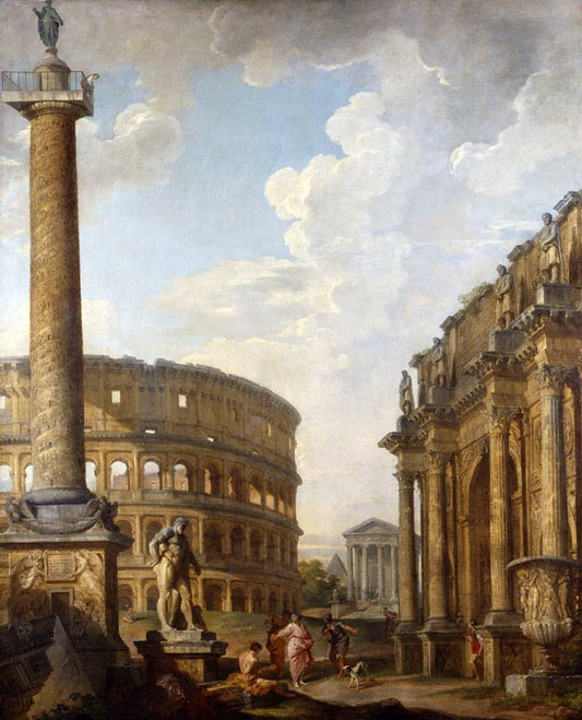 Caprice View with Trajan's Column and Roman Ruins, vintage artwork by Giovanni Paolo Panini, 12x8" (A4) Poster