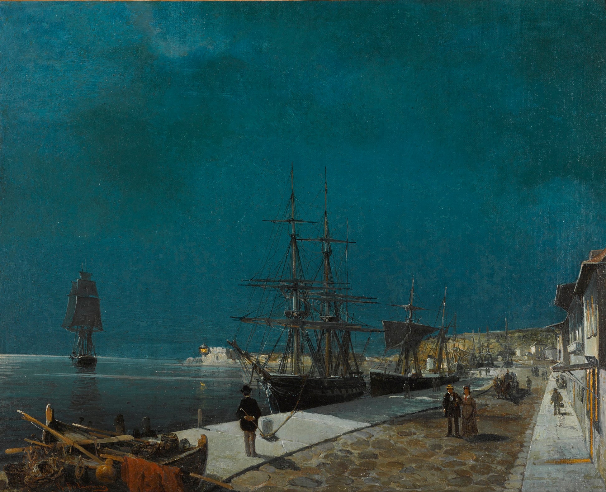 Harbor by  Night, vintage artwork by Constantinos Volanakis, 12x8" (A4) Poster
