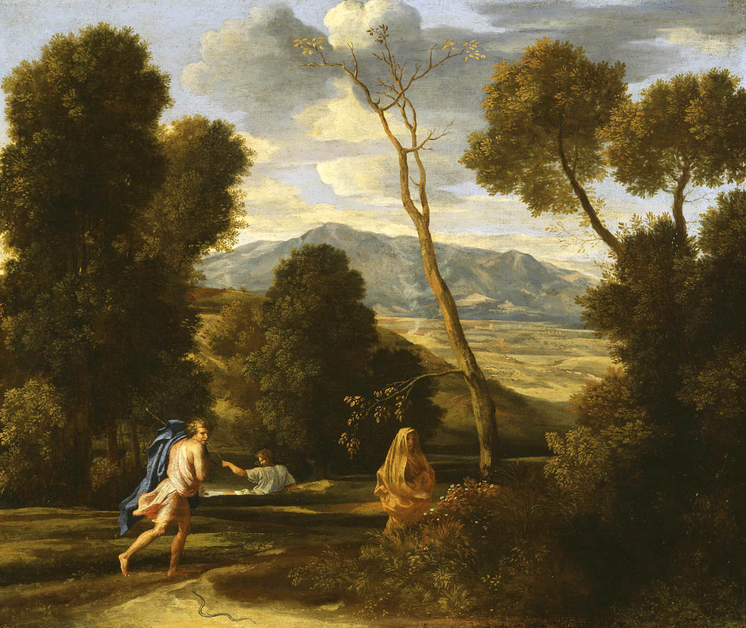 Landscape with a Man Pursued by  a Snake, vintage artwork by Nicolas Poussin, 12x8" (A4) Poster